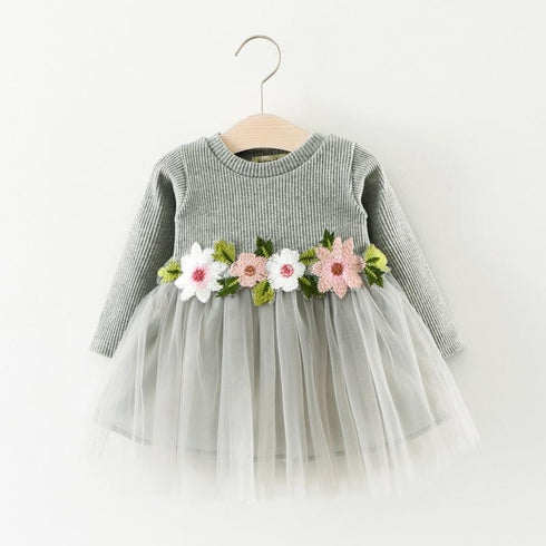 Autumn New Baby Girl Waist Flower Long Sleeve Dress Girl Mesh Princess Dress
